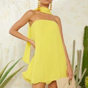 shein x mienne solid pleated halter dress yellow